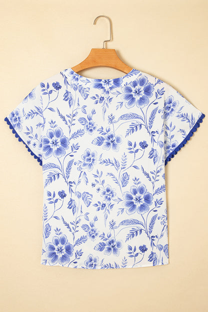 Blue Elegant Floral Print Ricrac Trim Short Sleeve Blouse