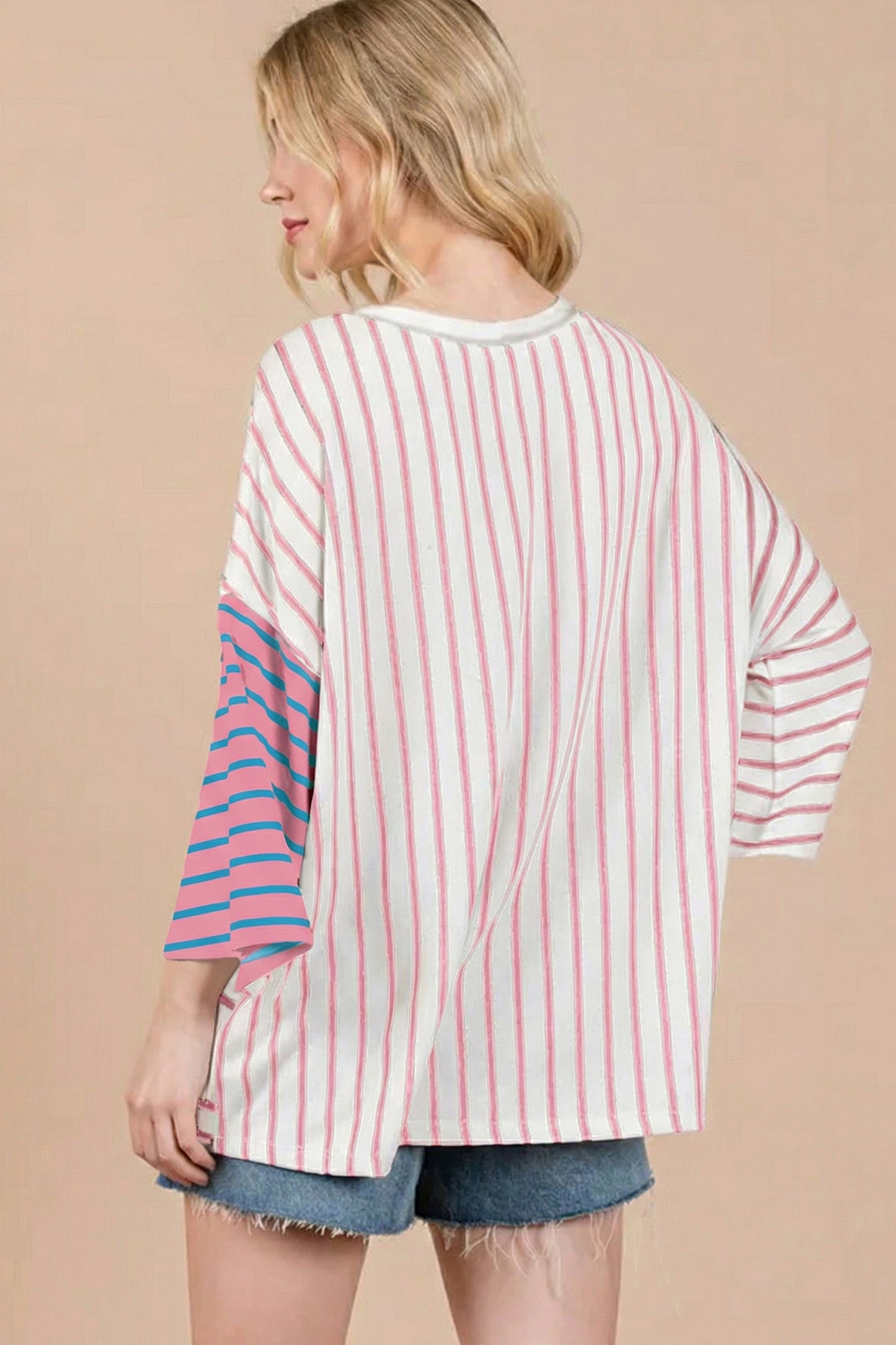 Pink Stripe Colorblock 3/4 Sleeve Loose T Shirt
