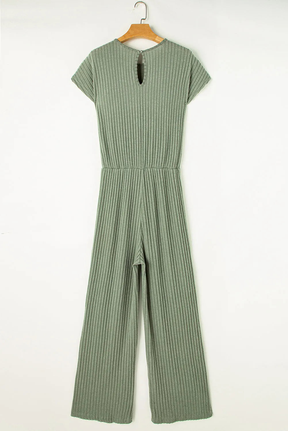 Grass Green Solid Color Ribbed Short Sleeve Wide Leg Jumpsuit - Chic Meadow Boutique 