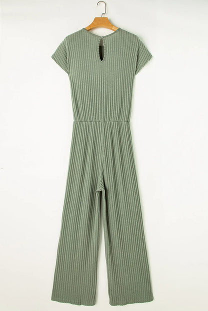 Grass Green Solid Color Ribbed Short Sleeve Wide Leg Jumpsuit - Chic Meadow Boutique 