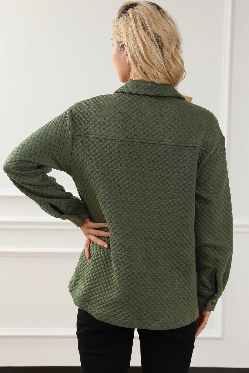 Green Retro Quilted Flap Pocket Button Shacket - Chic Meadow Boutique 