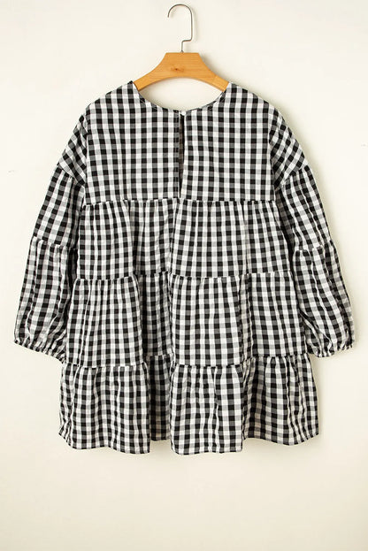 Black Checkered Puff Sleeve Tiered Loose Babydoll Blouse - Chic Meadow Boutique 