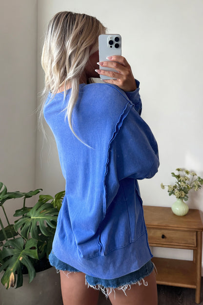 Sky Blue Mineral Wash Split Hem Loose Tunic Sweatshirt