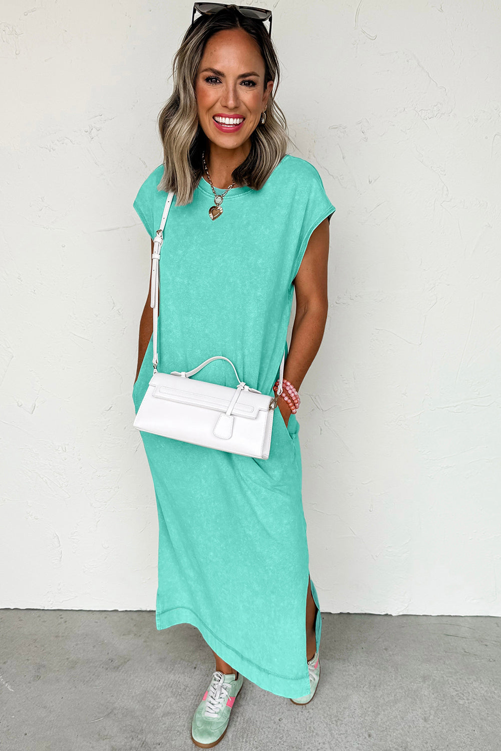 Clearly Aqua Mineral Wash Pocketed T-shirt Long Dress