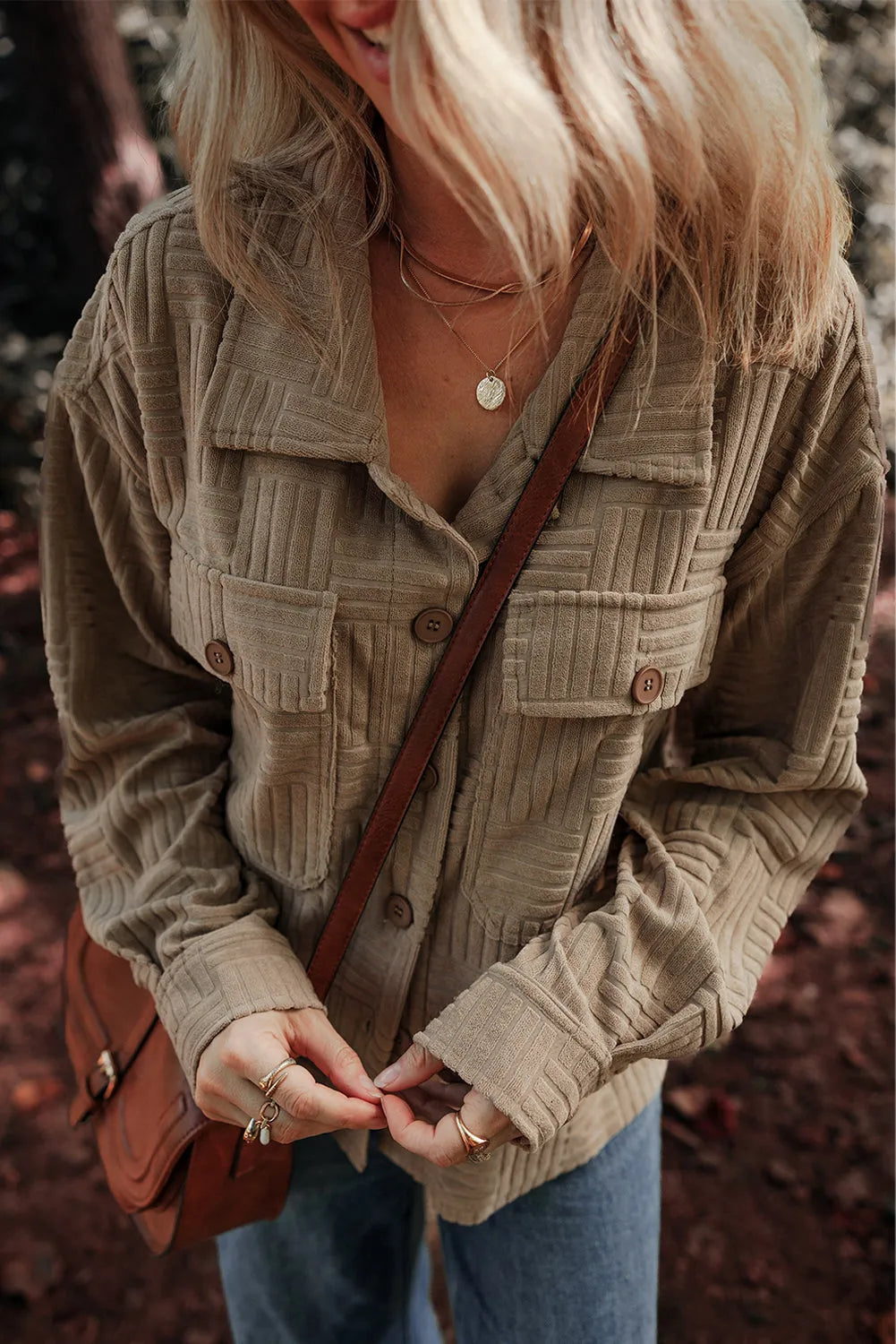 Dark Khaki Textured Chest Pocket Button-up Shacket - Chic Meadow Boutique 