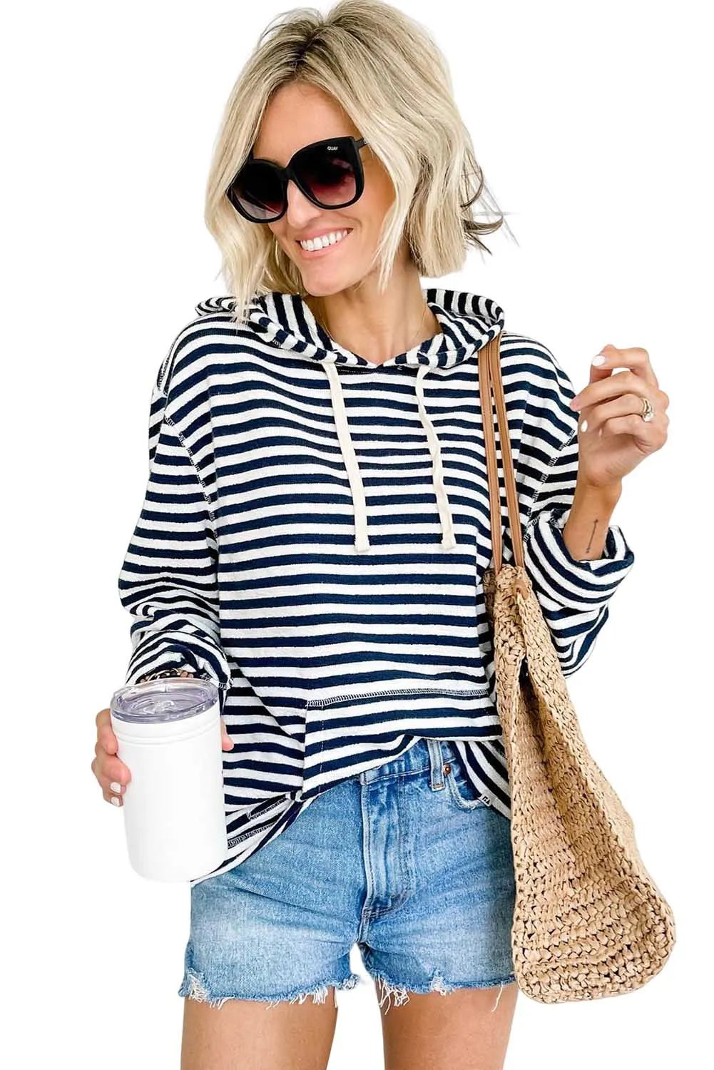 Stripe Kangaroo Pocket Drawstring Hoodie - Chic Meadow Boutique 