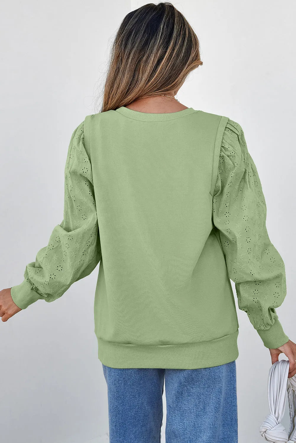 Mist Green Solid Patchwork Sleeve Round Neck Sweatshirt - Chic Meadow Boutique 