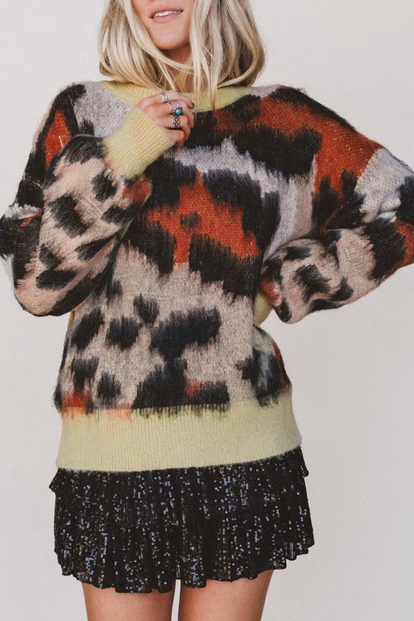 Khaki Leopard Print Drop Shoulder Long Sleeve Round Neck Sweater