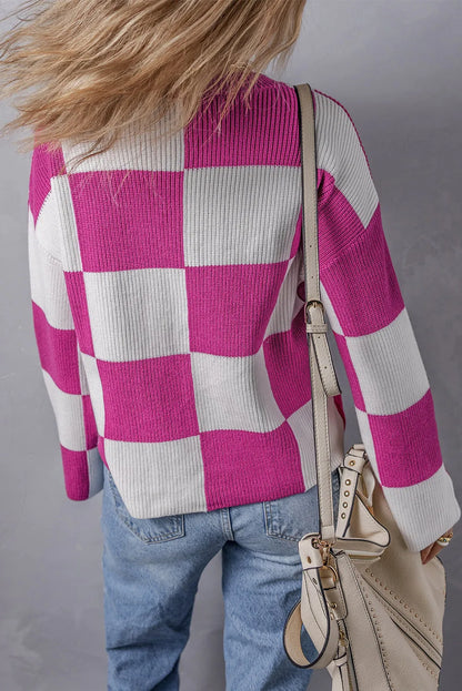 Bright Pink Checkered Round Neck Baggy Sweater - Chic Meadow Boutique 