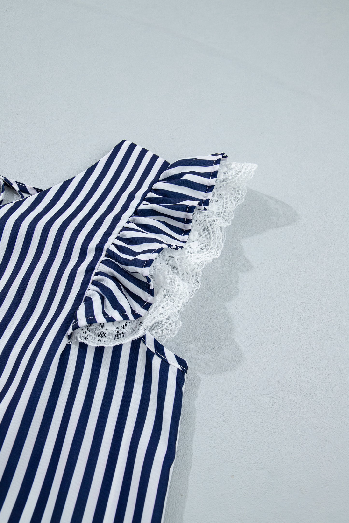 Blue Stripe V Neck Lace Contrast Ruffle Trim Tank Top
