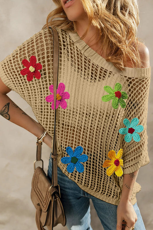 Light French Beige Crochet Flower Hollow-out Sweater T Shirt - Chic Meadow Boutique 