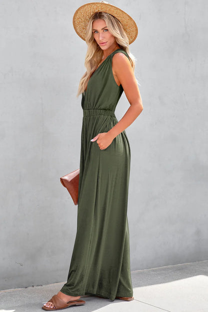 Bottoms/Jumpsuits & Rompers Jungle Green Deep V Pleated Crisscross Wide Leg Backless Jumpsuit