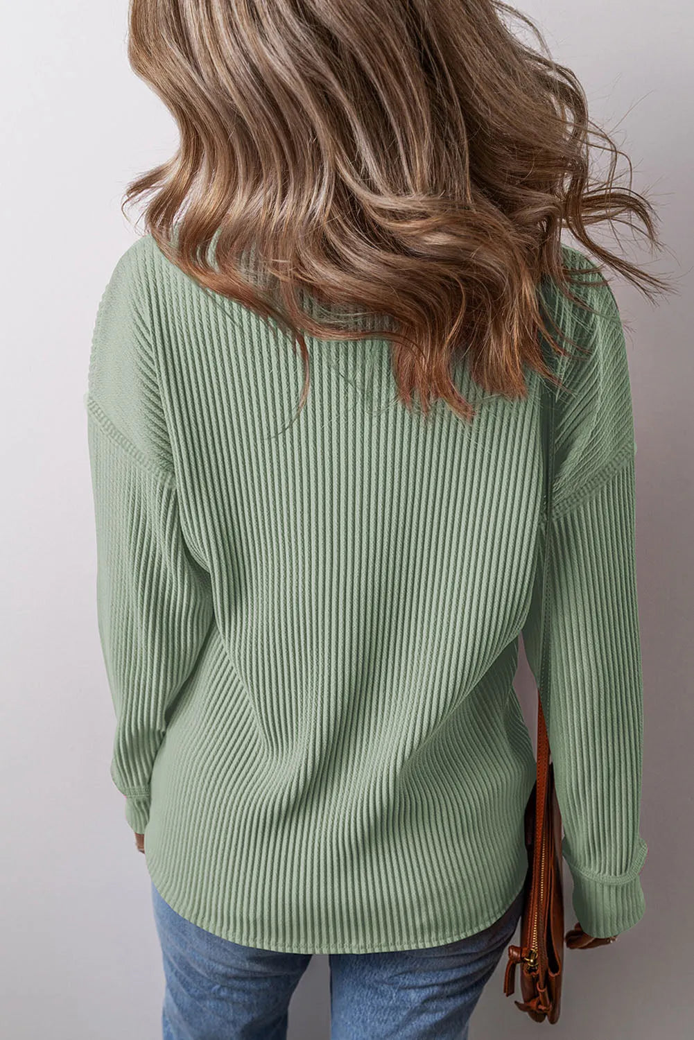 Clearly Aqua Solid Color Corded Drop Shoulder Long Sleeve Top - Chic Meadow Boutique 