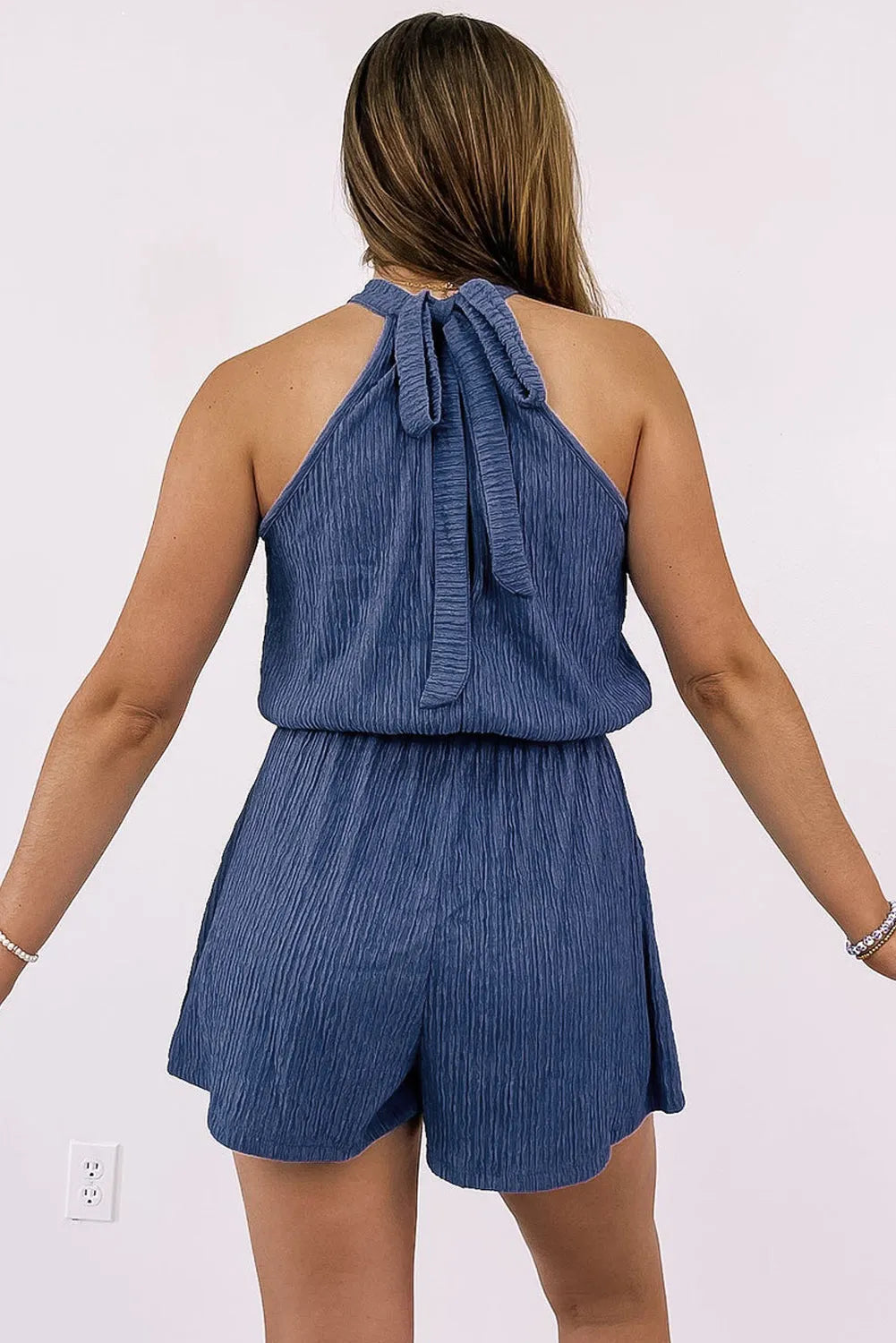 Bluing Knot Back High Neck Crinkle Textured Romper - Chic Meadow Boutique 