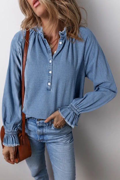 Sky Blue Frilled Raw Hem Half Buttoned Denim Top - Chic Meadow Boutique 