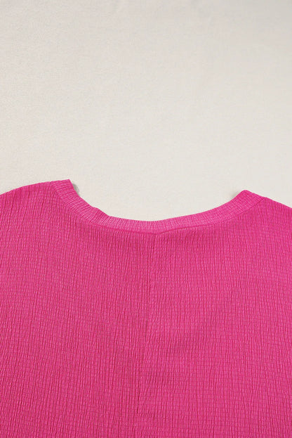 Bright Pink Textured V Neck Bubble Hem Plus Top - Chic Meadow Boutique 