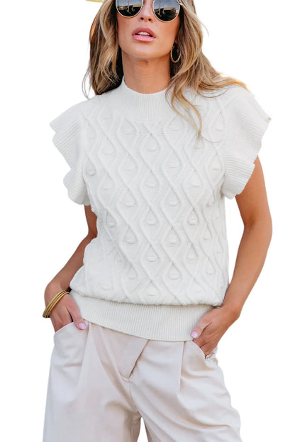 White Textured Ruffled Mock Neck Knitted Vest - Chic Meadow Boutique 