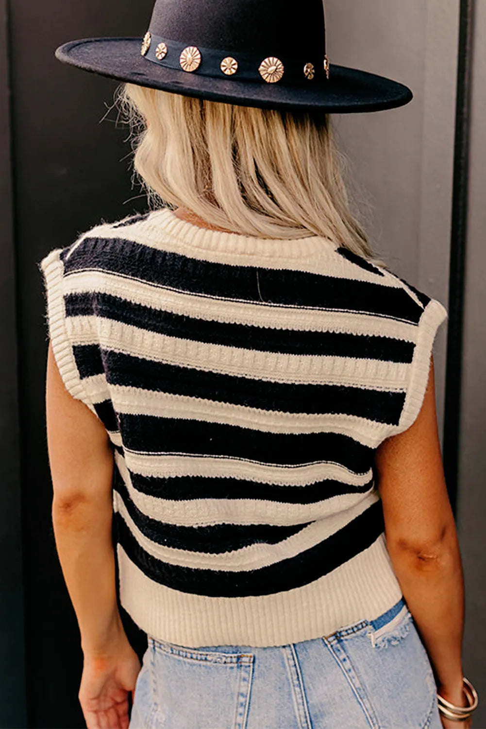 Black Stripe Ribbed Trim Knitted Sweater Vest - Chic Meadow Boutique 