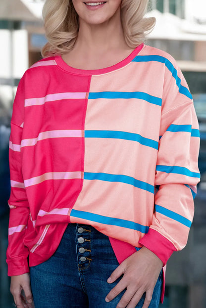 Rose Stripe Color Block Crewneck Long Sleeve Plus Size T Shirt - Chic Meadow Boutique 