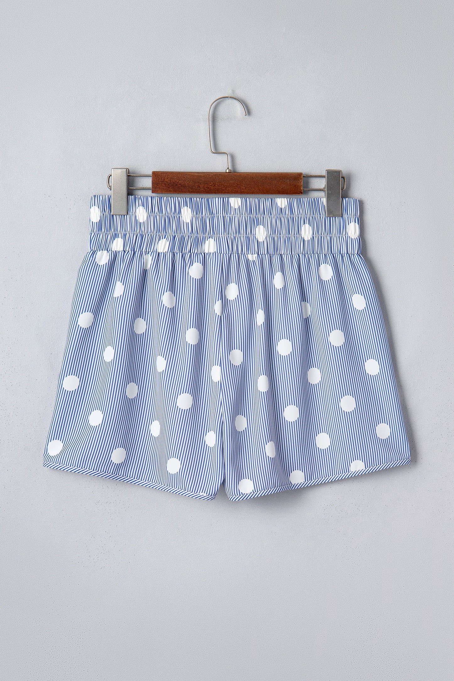 Sky Blue Polka Dot Print Shirred High Waist Casual Shorts