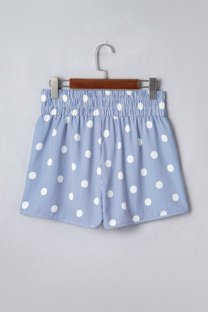Sky Blue Polka Dot Print Shirred High Waist Casual Shorts