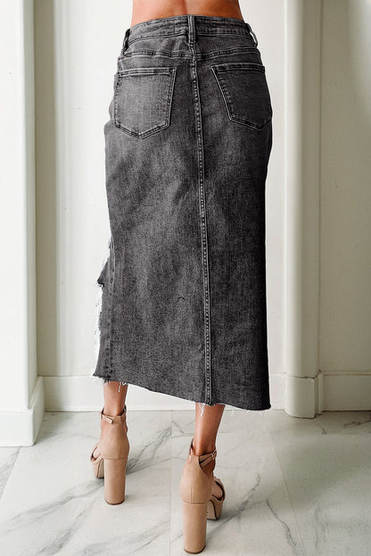 Dark Grey Irregular Distressed Bottom Denim Midi Skirt