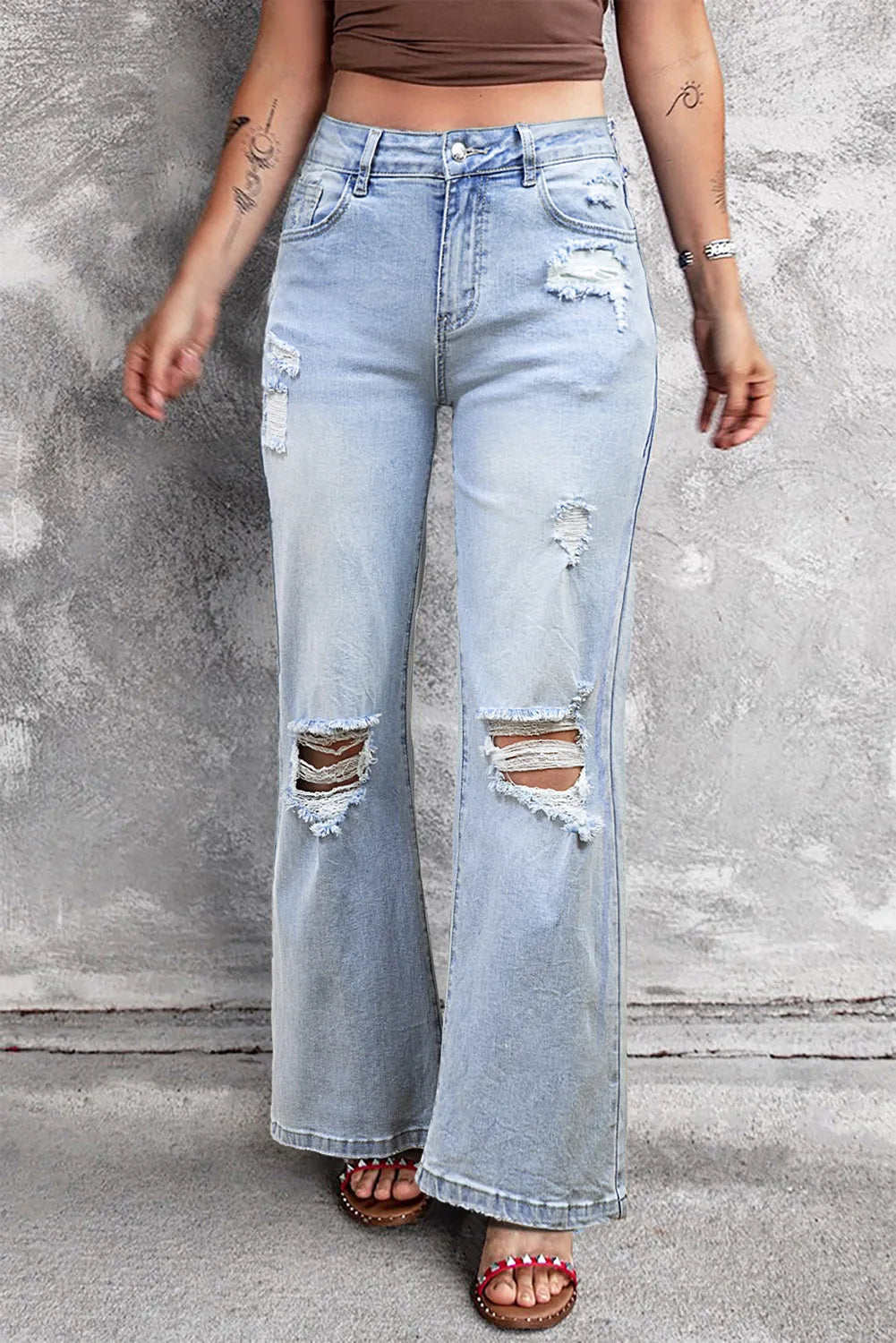 Beau Blue Vintage Light Wash Distressed Flare Jeans - Chic Meadow Boutique 