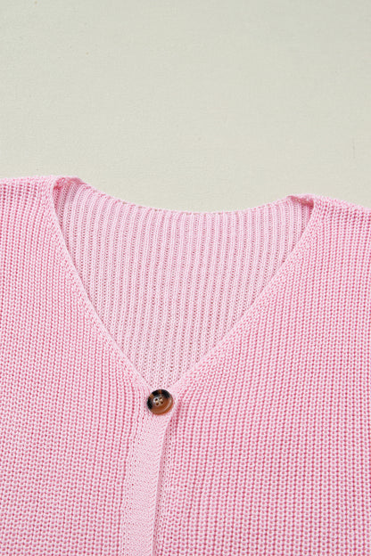 Pink Solid Color Knit V Neck Button Front Sweater Vest
