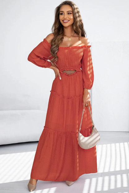 Dresses/Maxi Dresses Orange / S / 65%Viscose+35%Polyester Orange Off Shoulder Balloon Sleeve Cutout Ruffled Maxi Dress