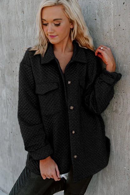 Black Retro Quilted Flap Pocket Button Shacket - Chic Meadow Boutique 