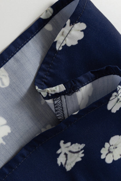 Blue Floral Print Half Sleeve Contrast Trim V Neck Blouse