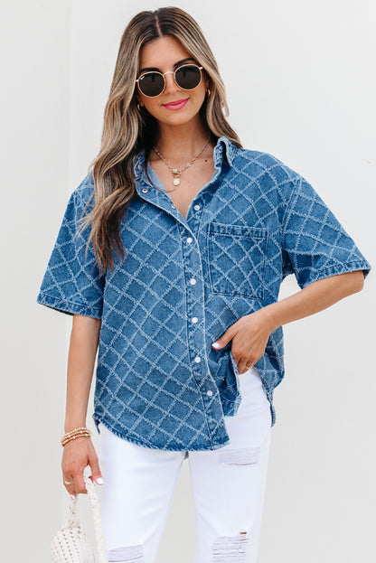 Dusk Blue Checkered Textured Short Sleeve Patched Pocket Denim Shirt
