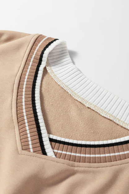 Parchment Varsity Contrast Striped Trim V Neck Sweatshirt