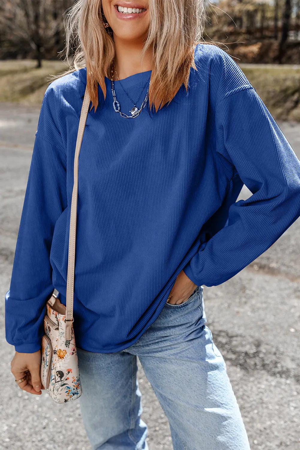 Dark Blue Ribbed Corduroy Oversized Sweatshirt - Chic Meadow Boutique 