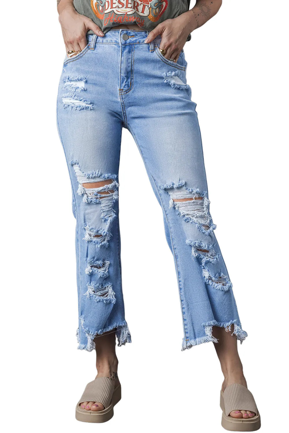 Sky Blue Heavy Destroyed High Waist Jeans - Chic Meadow Boutique 