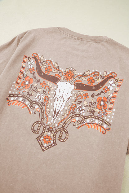 Smoke Gray Mineral Wash Floral Steer Head Printed Back Western Fashion Tee