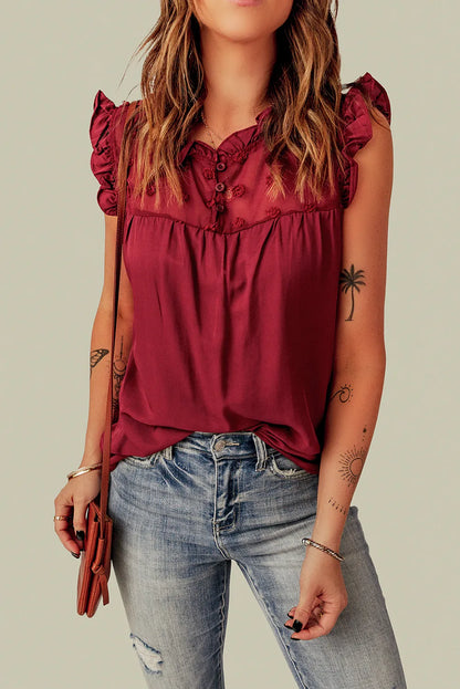 Fiery Red Ruffled Swiss Dot Mesh Yoke Tank Top - Chic Meadow Boutique 