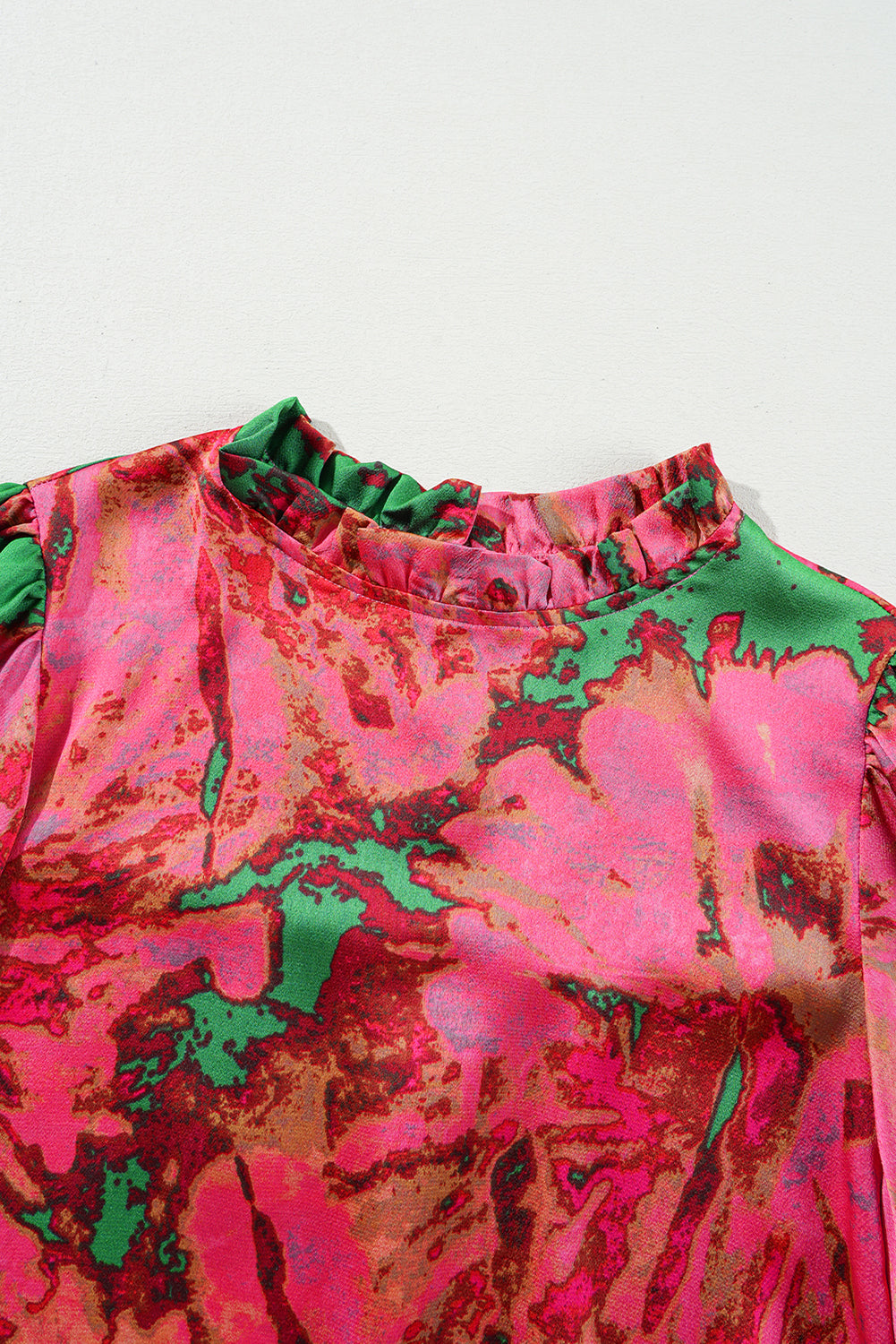 Rose Abstract Print Frilly Neckline Puff Sleeve Blouse