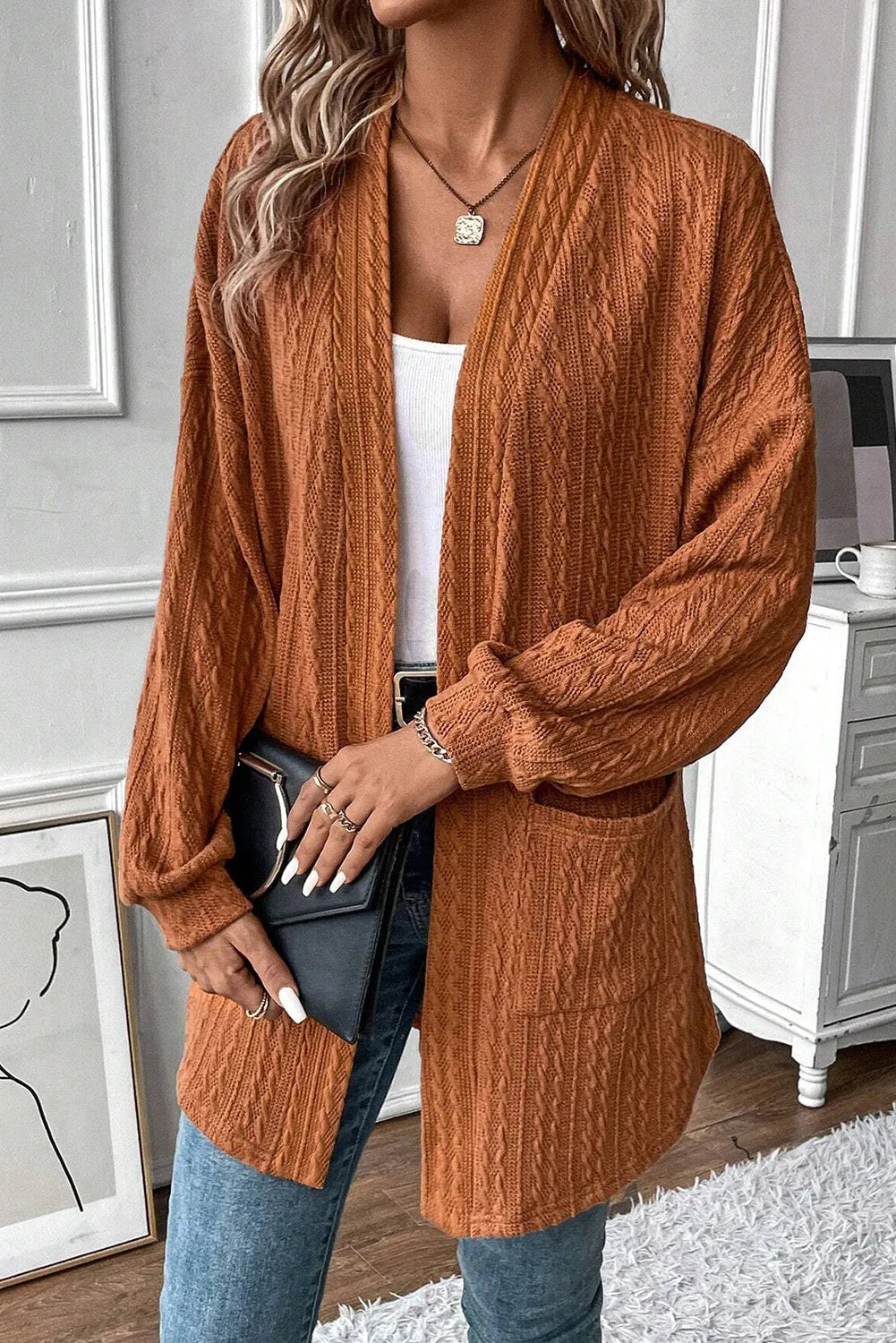 Chestnut Textured Knit Side Pockets Open Front Cardigan - Chic Meadow Boutique 