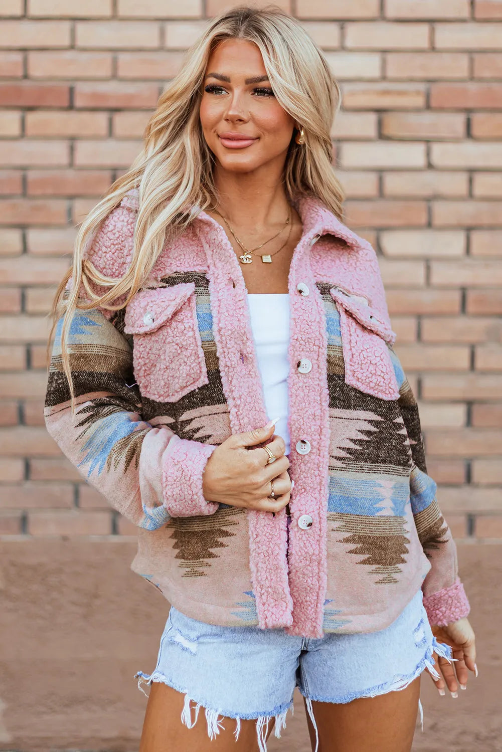 Pink Western Aztec Print Sherpa Splicing Buttoned Flap Pocket Coat - Chic Meadow Boutique 