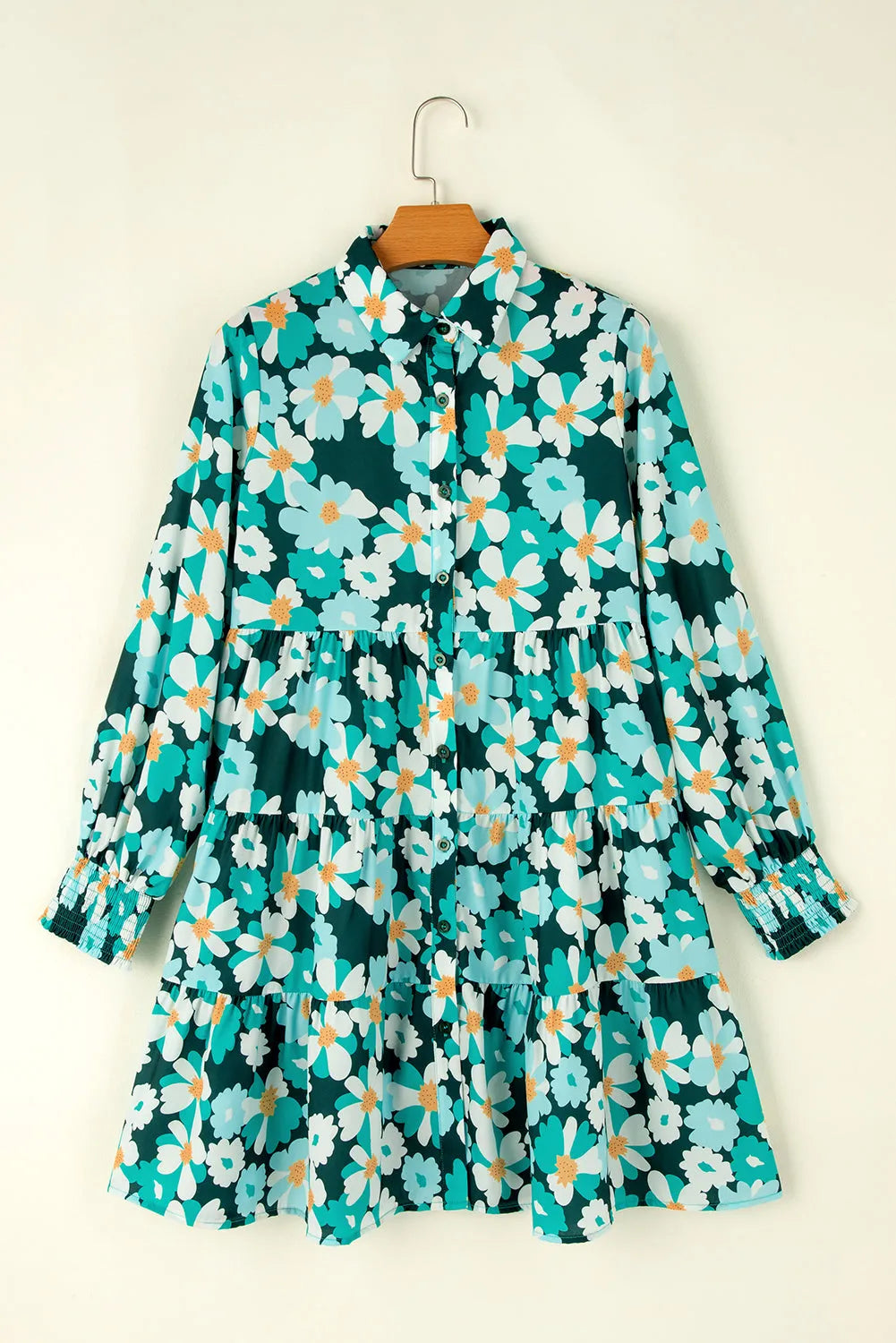 Green Floral Tiered Long Puff Sleeve Shirt Dress - Chic Meadow Boutique 