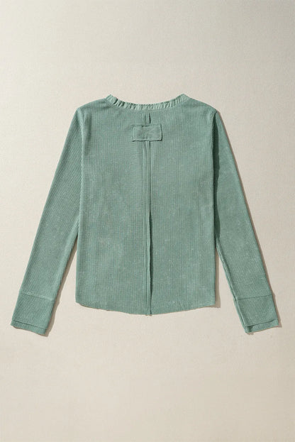 Smoke Green Acid Wash Waffle Knit Buttoned Neckline Long Sleeve Top - Chic Meadow Boutique 