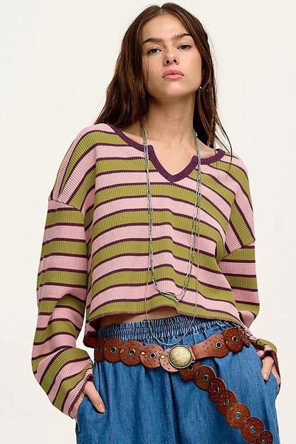 Tops/Long Sleeve Tops Spinach Green Clashing Stripes Waffle Texture Notched Neck Long Sleeve Top