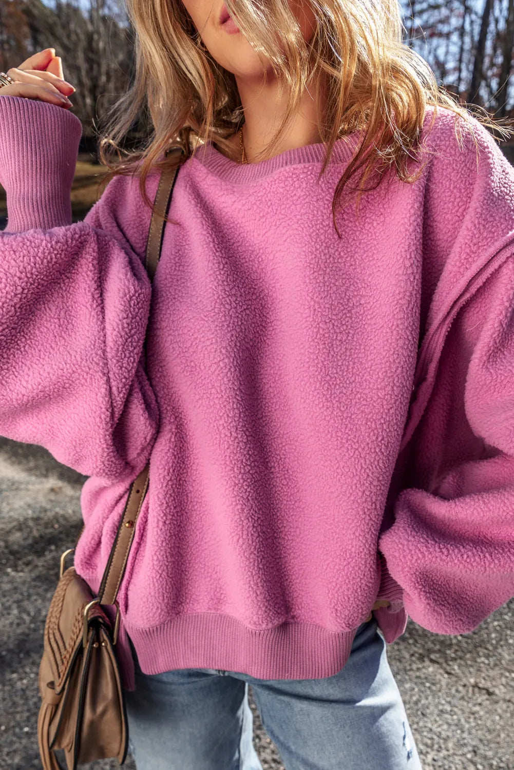 Bright Pink Sherpa Seamed Drop Shoulder Oversized Sweatshirt - Chic Meadow Boutique 