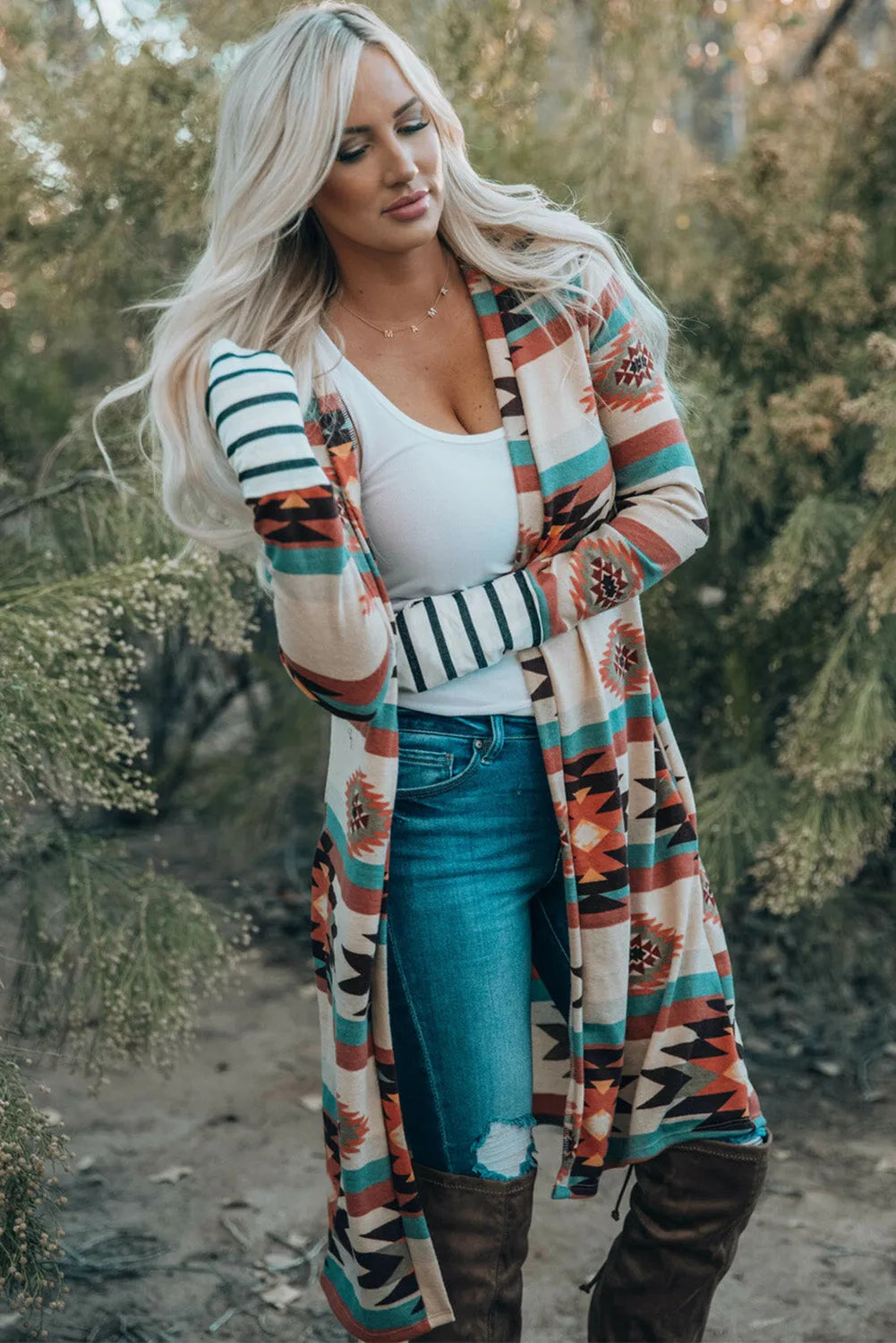 Multicolor Geometric Color Block Open Front Long Cardigan - Chic Meadow Boutique 