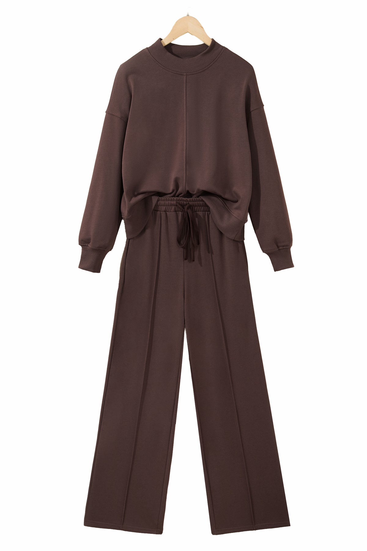Coffee Solid Color Piping Trim Mock Neck Pullover Drawstring Pants Set