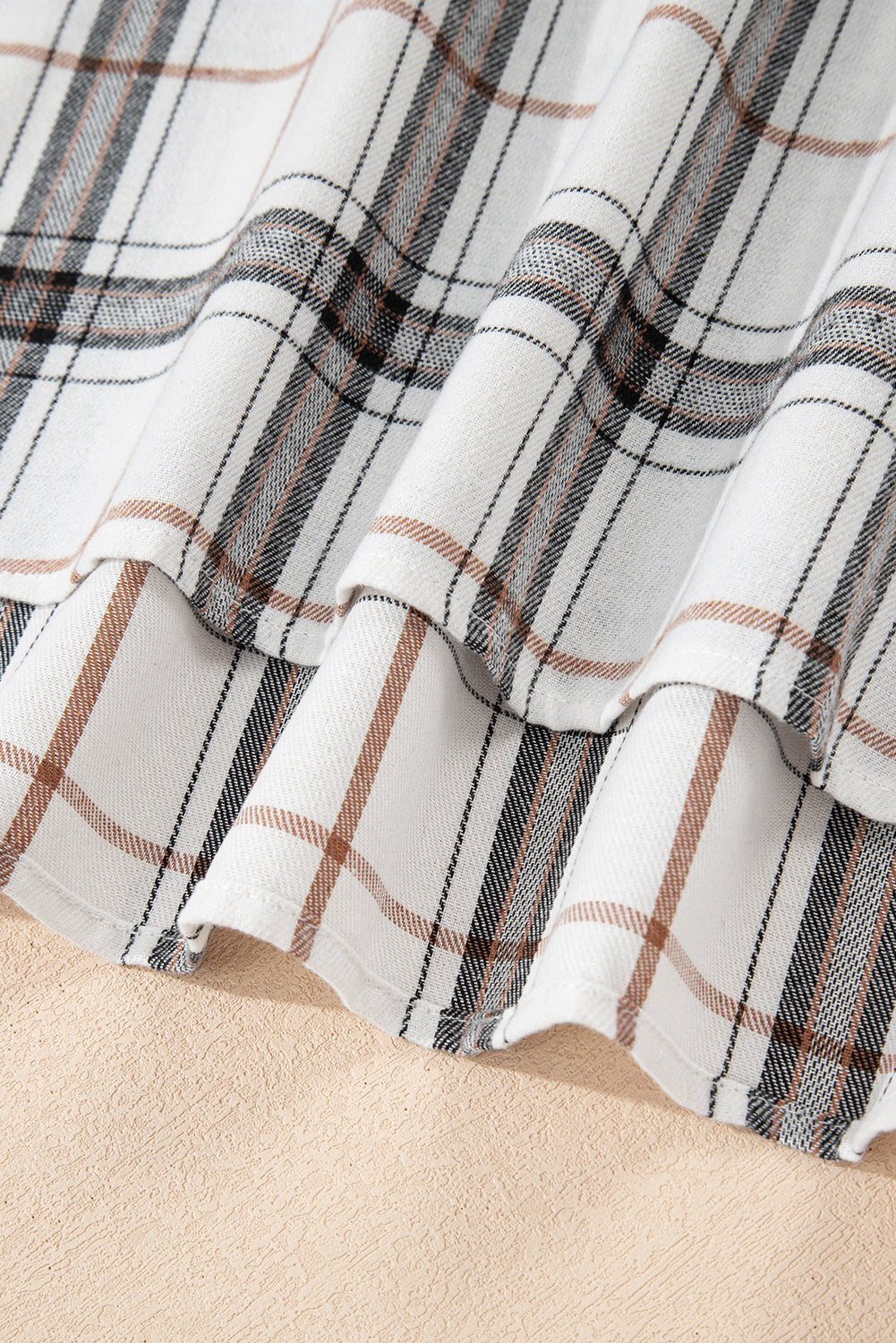 White Plaid Print Collared V Neck Loose Blouse with Side Slits