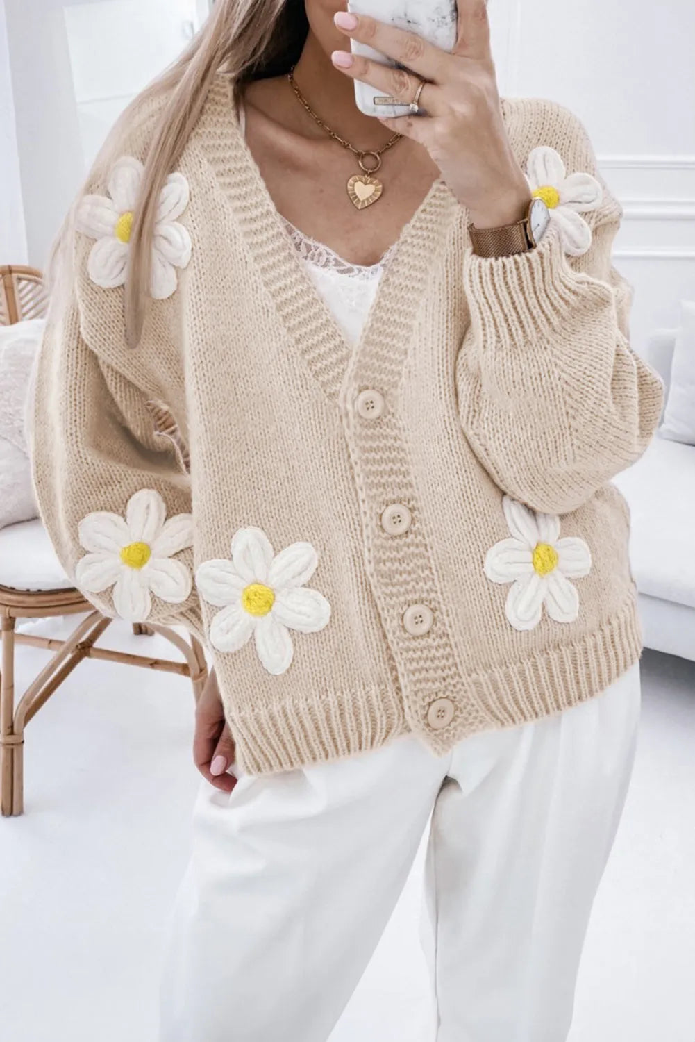 Parchment Elegant Flower Decor Button Front Cardigan - Chic Meadow Boutique 