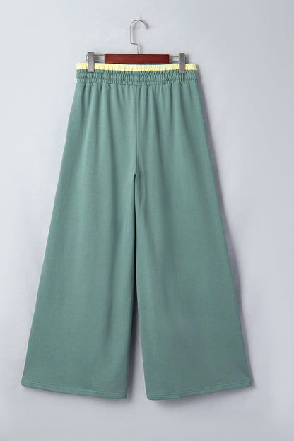 Sea Green Color Block Flower Patchwork Drawstring Contrasted Elastic Waist Wide Leg Pants