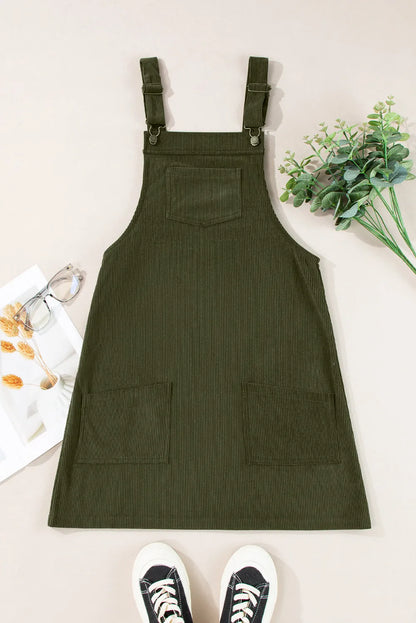 Vineyard Green Solid Front Pockets Sleeveless Corduroy Overall Dress - Chic Meadow Boutique 